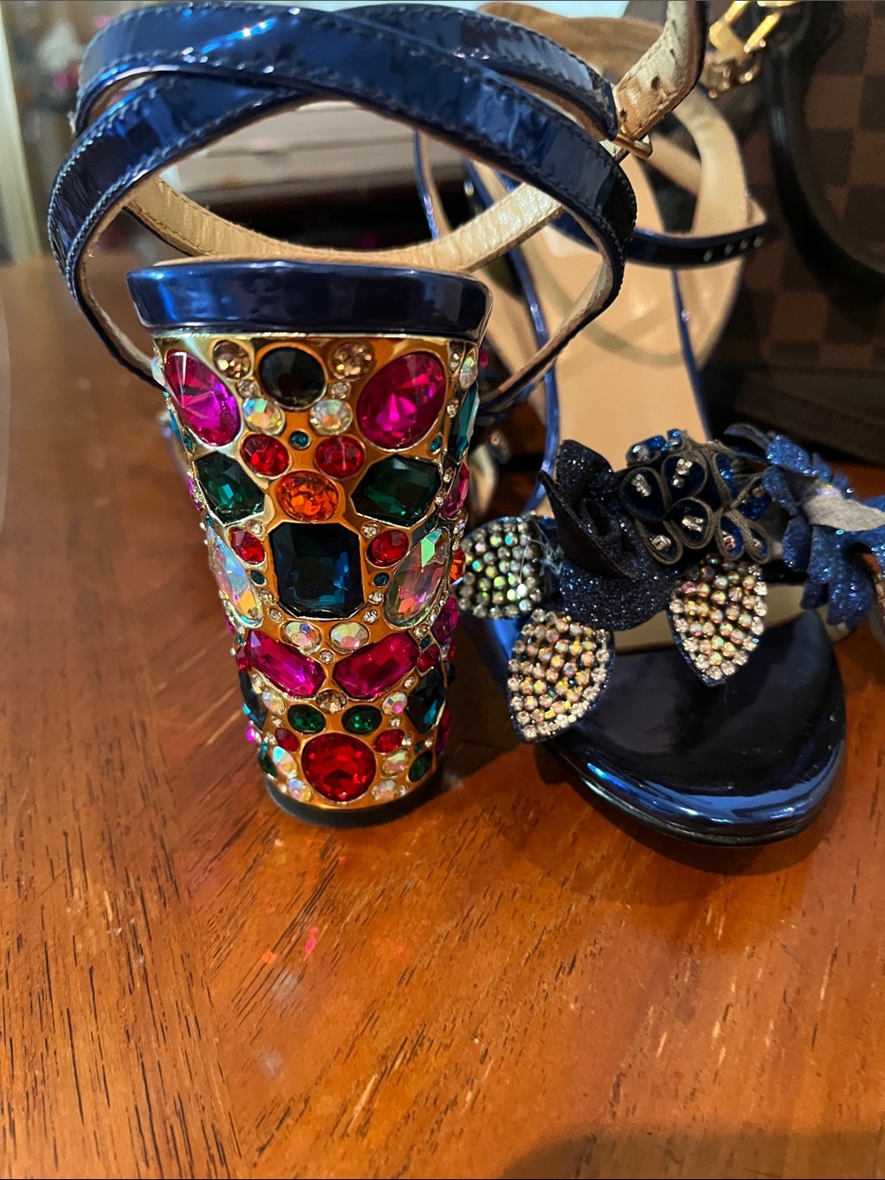 Bejeweled Blue Patent Platform Sandals